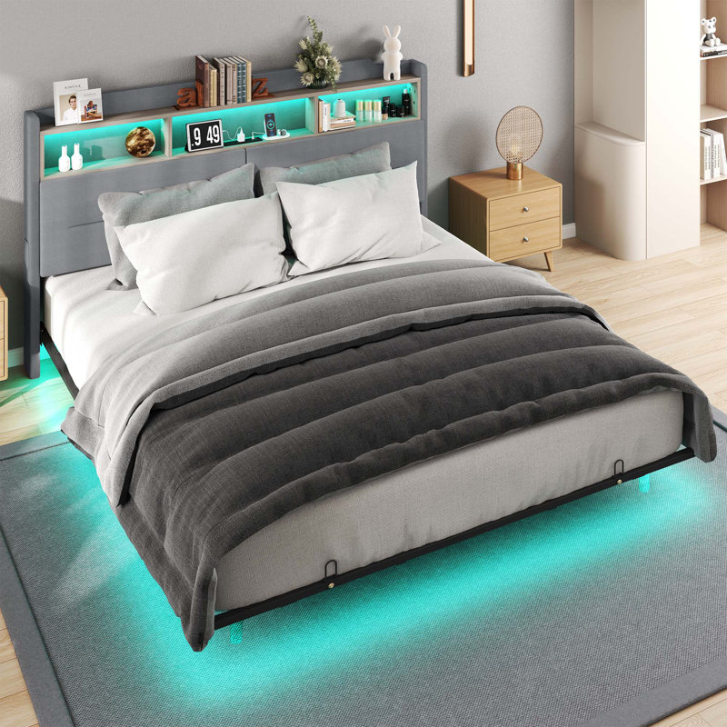 Upholstered Platform Storage Bed with LED Lights, King, Grey