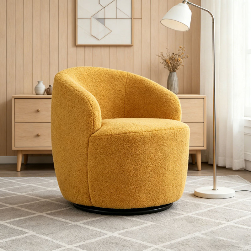 Swivel Accent Armchair Barrel Chair With Black Powder Coating Metal Ring, Yellow Teddy