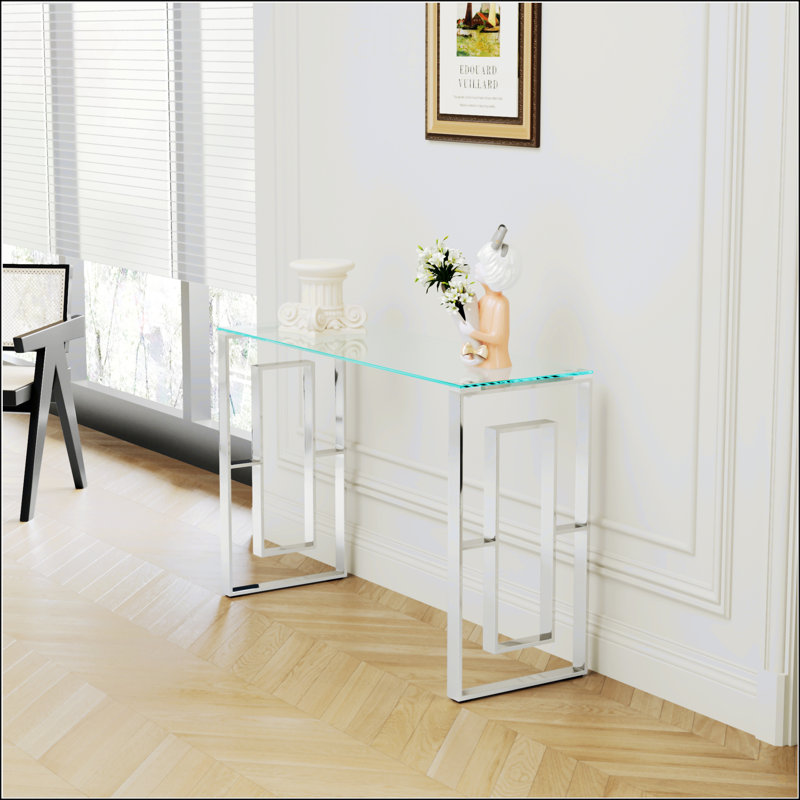 Console en verre d'acier inoxydable, table d'appoint repas argentée transparente BS-02 S