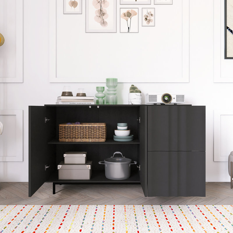 Armoire de rangement à motif de vagues avec 2 portes et 2 tiroirs, Noir