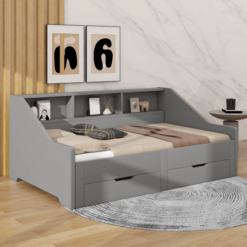 Transformable Daybed Frame Twin To King Size With Sleek Storage Bookcases, Grey