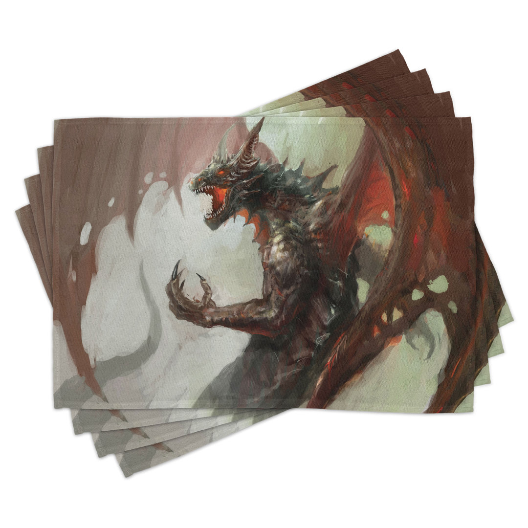 Platzdeckchen 4er-Set, Kreatur Drache, Grau-Rot