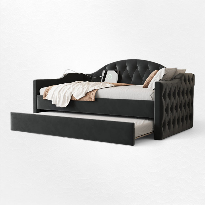 Tufted Upholstered Daybed With Trundle And Charging Ports, Black