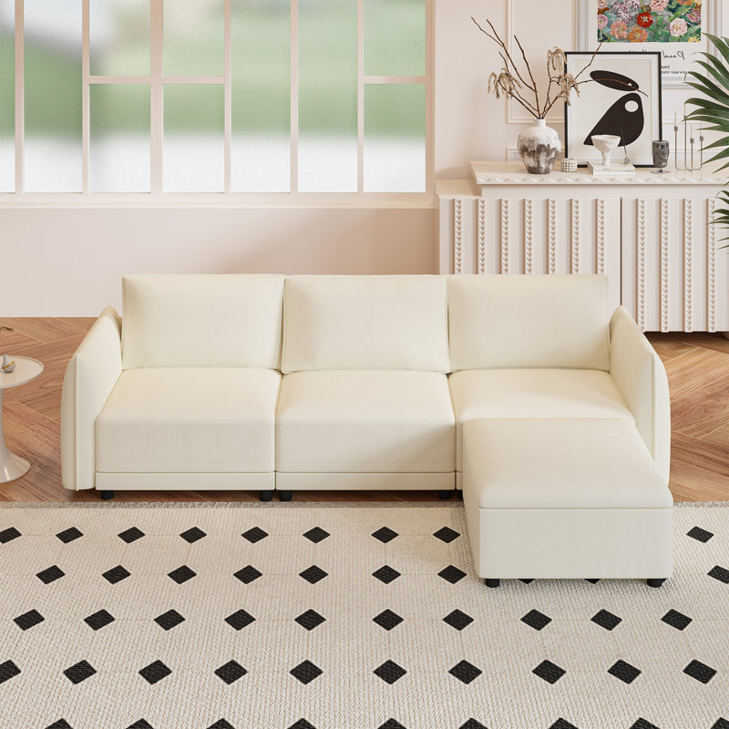 Canapé modulaire rembourré en similicuir avec rangement 108,6 po Begoa, Similicuir beige