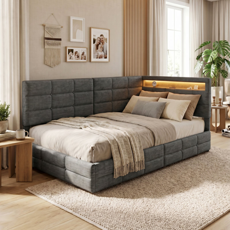 EU Single & Double Linen Daybed with LED & USB Charging, L-Shaped Headboard & Side Drawers, Beige/Grey, 90/140x200cm, Gray