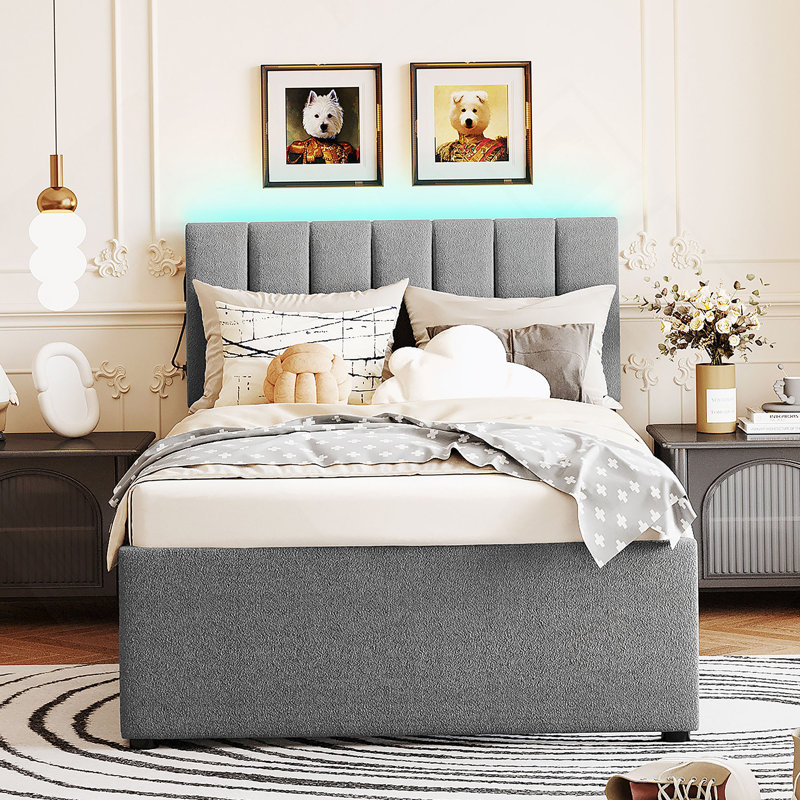 Lit plateforme tapissier simple avec lit gigogne Teddy, gris, Twin