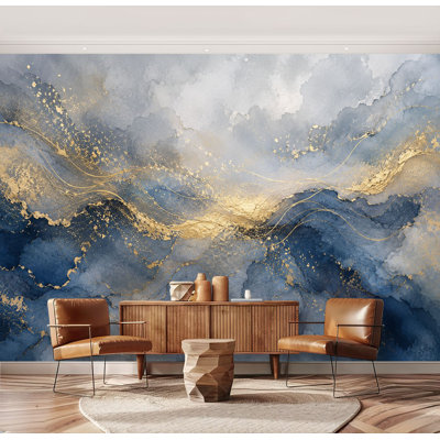 Papier peint adhésif autocollant amovible à vagues abstraites bleues dorées, papier contact amovible pour salle de séjour H 69 po x l 96 po