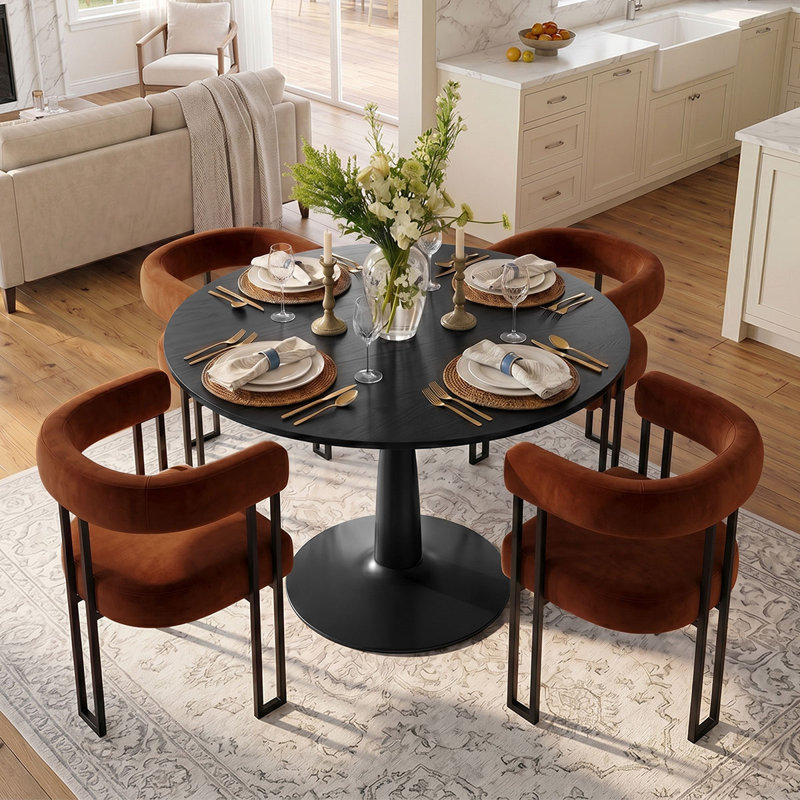4 - Person Dining Table Sets With Round Table & 4 Upholstered Velvet Chairs, Terra