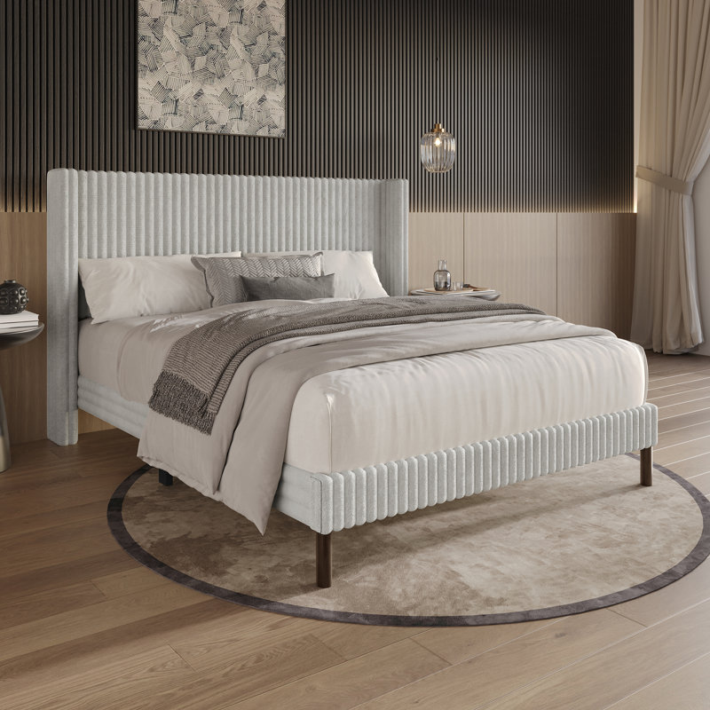 Velvet Upholstered Wingback Bed, Light Gray, King