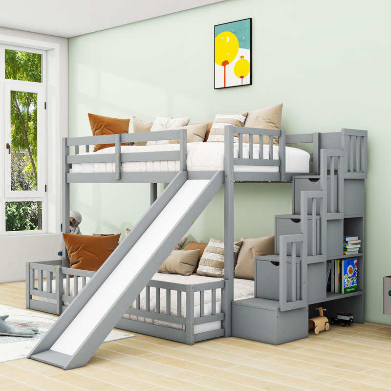 Twin Over Full Bunk Bed With Slide And Storage Staircase, Shelves, Gray