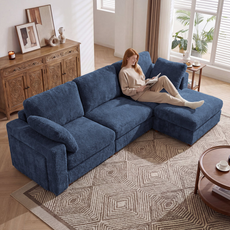 4 - Piece Teddy Modular Sectional Sofa Cloud Couch with Ottoman and 2 Storage Side Table, Blue, 3