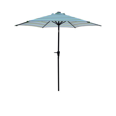 9ft Round Patio Umbrella With Blue Stripes, Solar Led 6 Steel Ribs, Wind Vent, Crank Operation, Push Button Tilt, 40+ Upf, Water & Weather For Outdoor Striped Lights, 1.49'' Pole, Lift, 45 Degrees