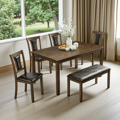 6-Piece Dining Table Set with Bench and Chairs, Wooden dining table set for 6 people, Farmhouse Rustic Style 6 Person Dining Table Set for Dining Room