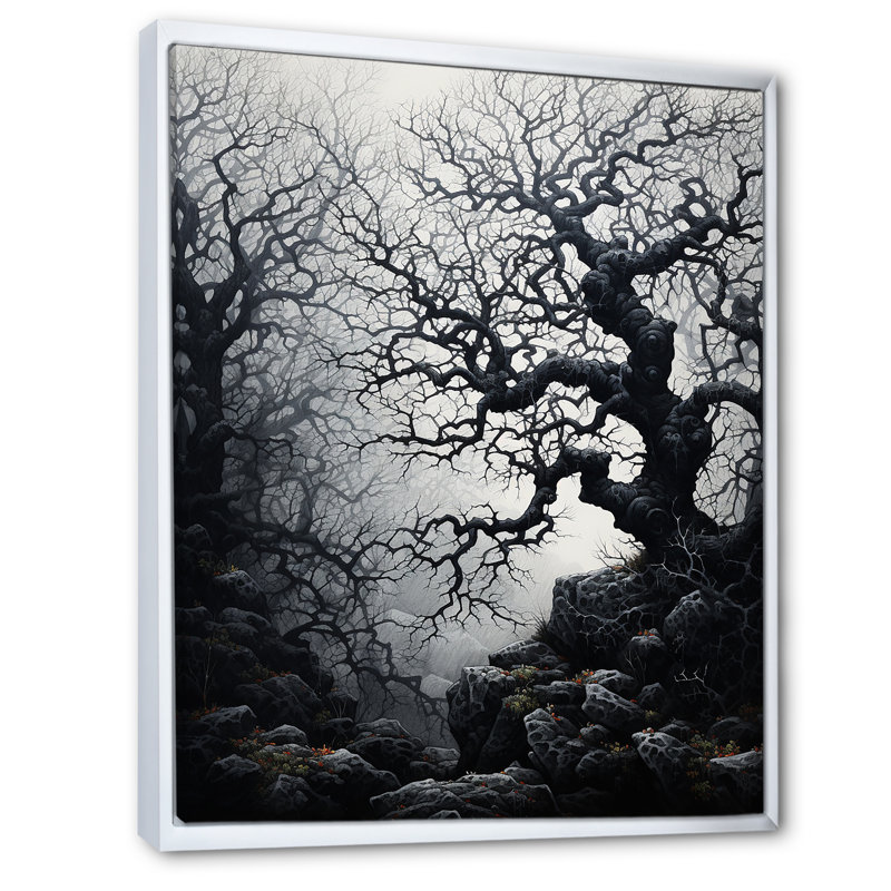 " Gray Tree Eternal Shadows II ", 44" H x 34" W x 1.5" D, White Floater Framed
