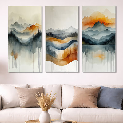 «Bold Mountain Landscape in Autumn I - Mountains», art mural en métal 3 pièces