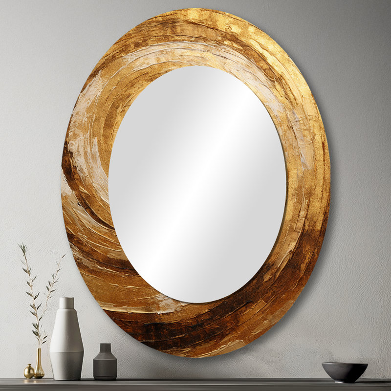Grand miroir mural ovale brun en métal avec spirale moka doré, 43 po x 33 po