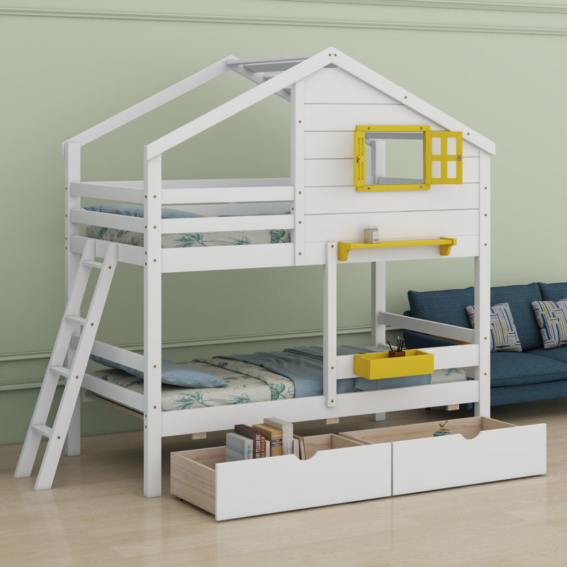Bunk Bed With 2 Drawers, 1 Storage Box, 1 Shelf, Window And Roof, White