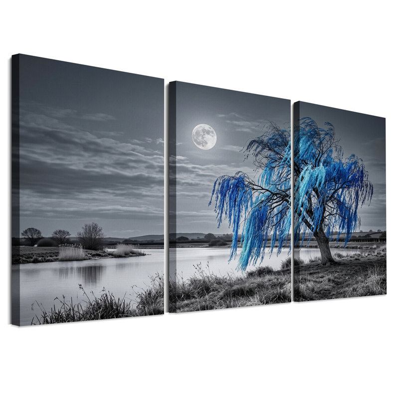 Ensemble de 3 toiles murales représentant un saule pleureur bleu au bord d'un lac au clair de lune