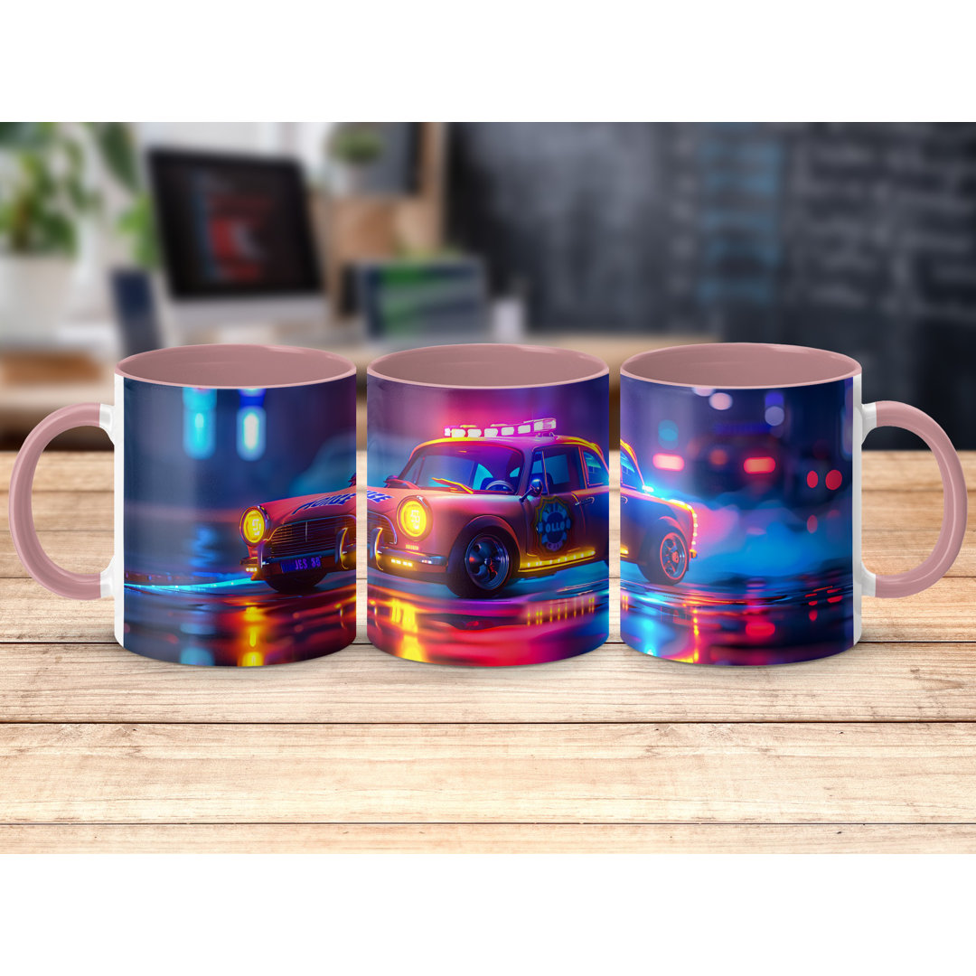 Colourful 3D Design 11oz Accent Mugs – White Ceramic Coffee Cup with a Pink Handle and Interior