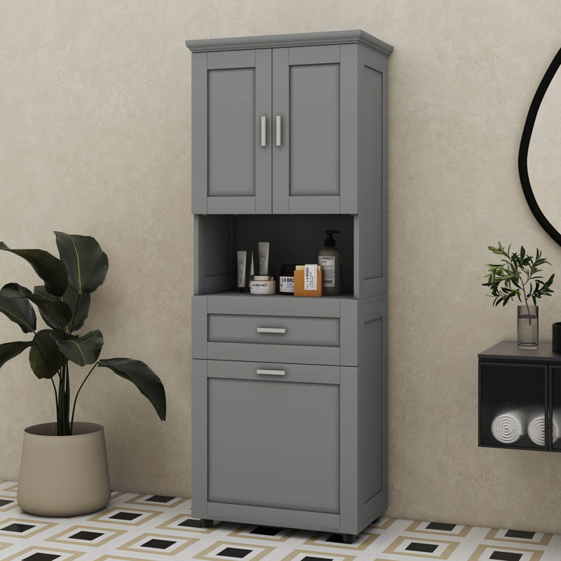 Tall Bathroom Cabinet With Built-In Laundry Hamper Doors And Upper Open Storage Section, Gray
