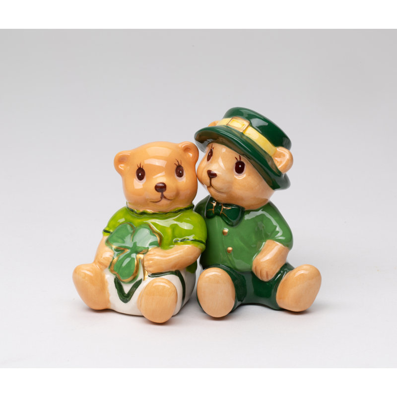 Cosmos Gifts Ceramic Shamrock Teddy Bear Salt and Pepper Shaker Set