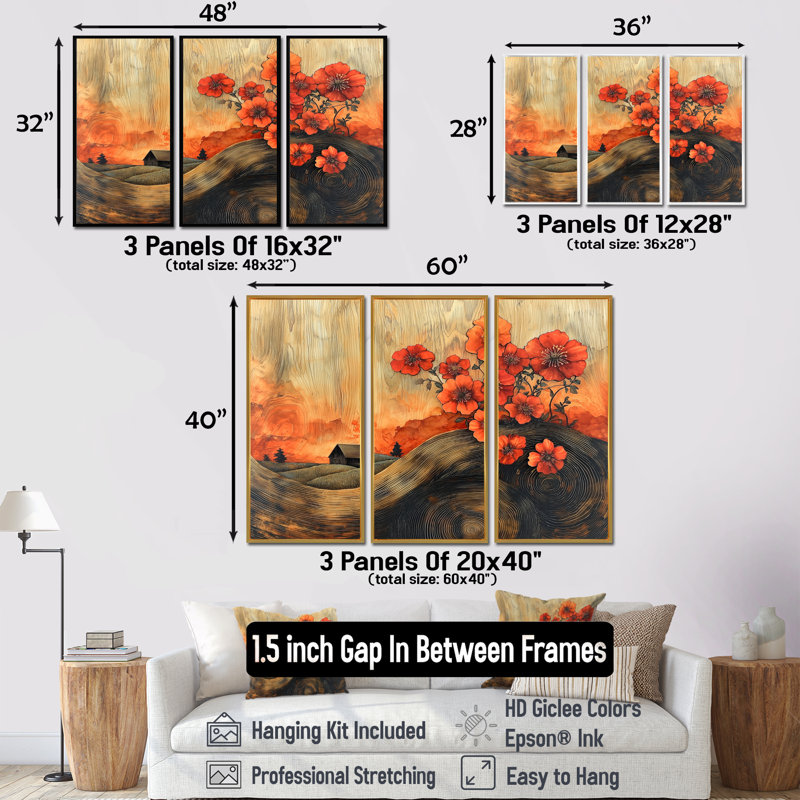 «Geraniums Flowers At Barn Landscape III» - art mural géraniums - ensemble de 3, H 32 po x l 48 po, Brun