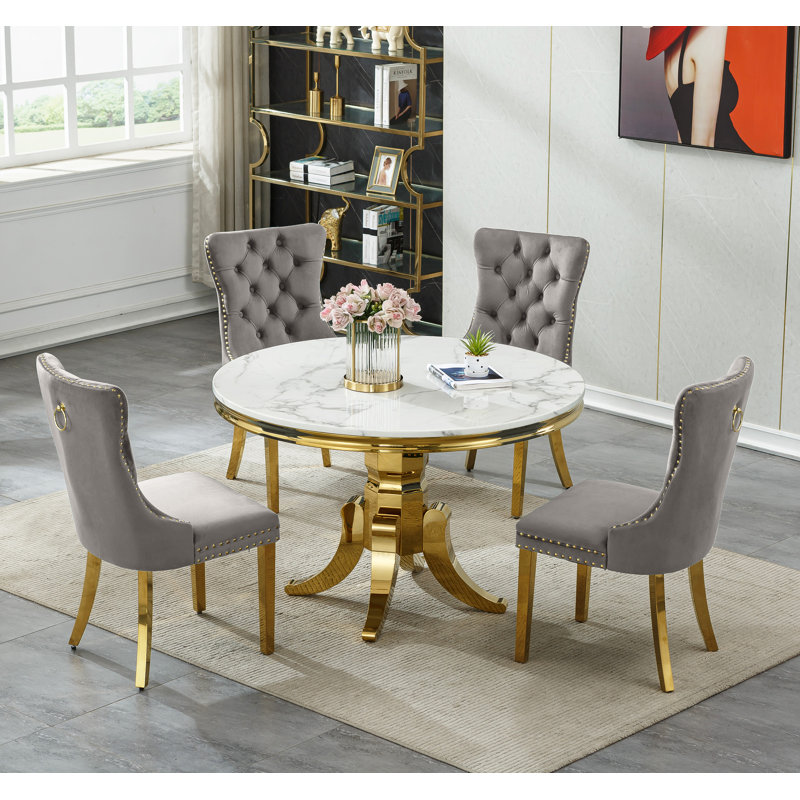 44.88" Round Dining Table Set for , Kitchen Table with Faux Marble Top, Dining Room Table & Velvet Chairs with Stainless Steel Pedestal, Piece Dining Table Set