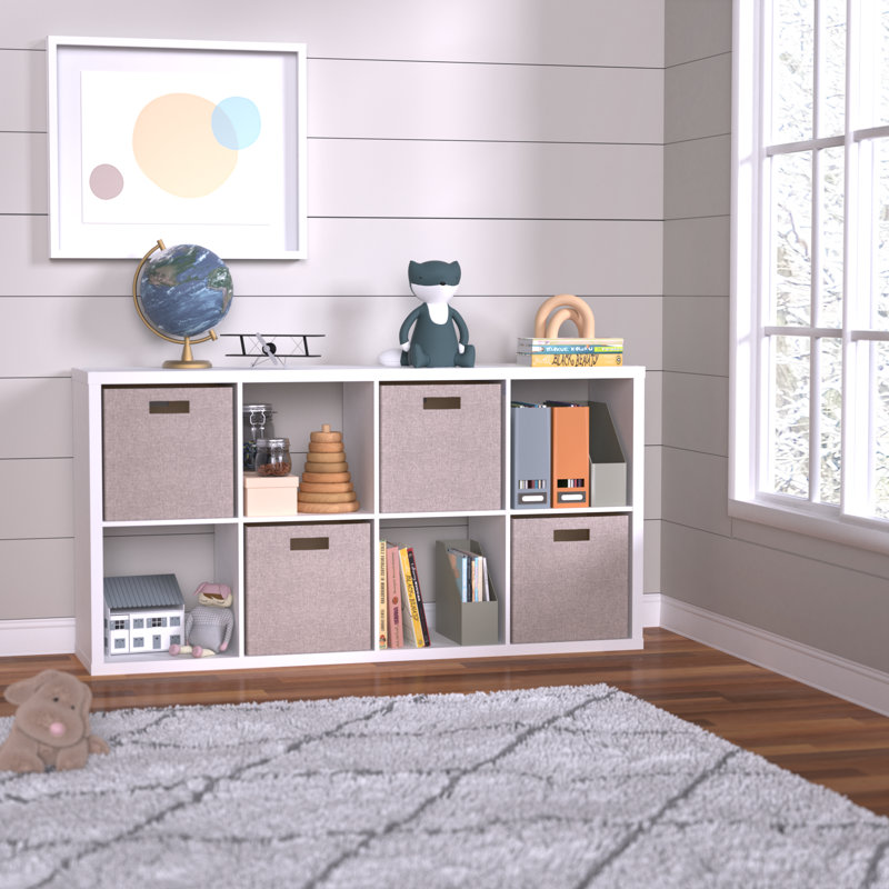 Decorative 8 Cube Bookcase With Premium Fabric Bins, White/Beige