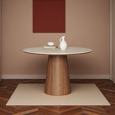 Vintage Round Rock-Slab & Wood Dining Table Set