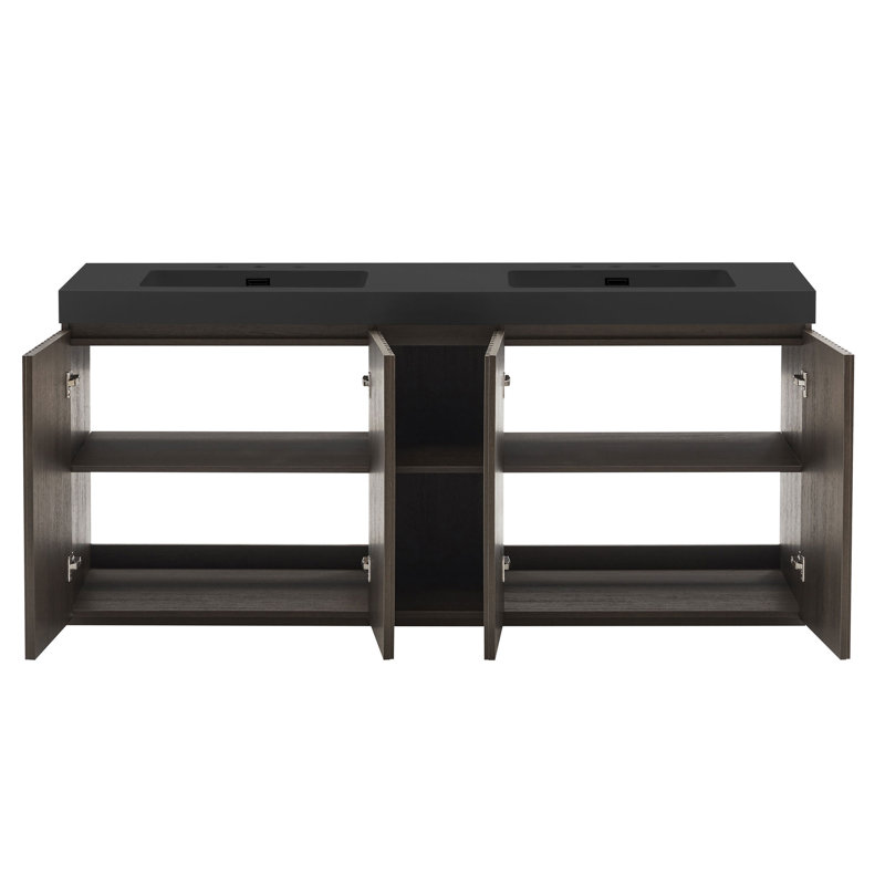 Meuble-lavabo double 72 po avec surface solide, 72", Noir/brun foncé, Espacé