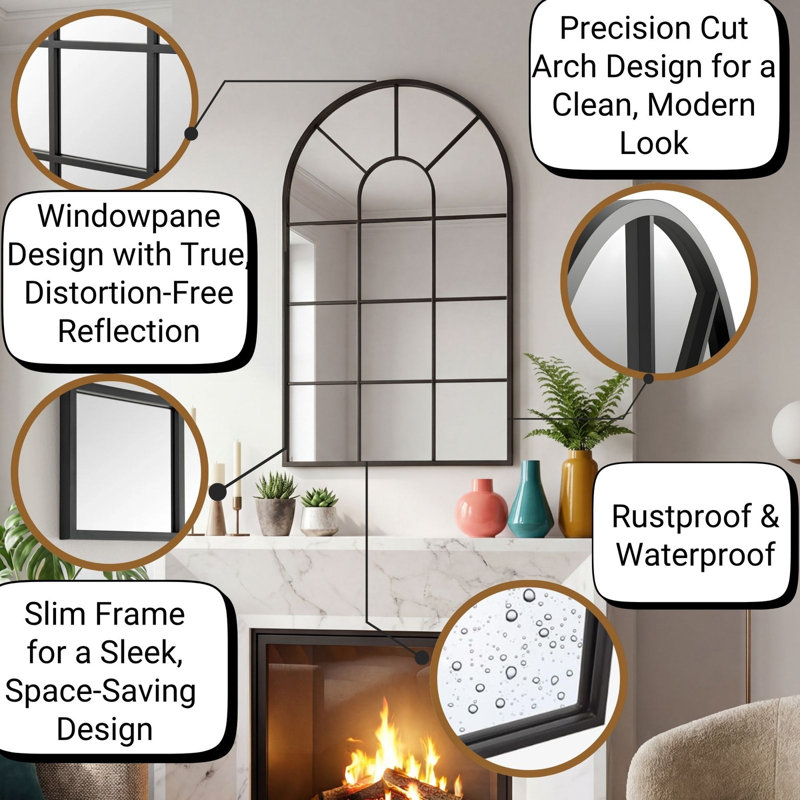 Black Arched Window Mirror | Farmhouse Decorative Wall Mirrors for Living Room, Bedroom, Entryway, Bathroom Vanity, Fireplace Mantel | Window Pane Mirror Wall Decor | Arch Mirror Modern Accent Décor