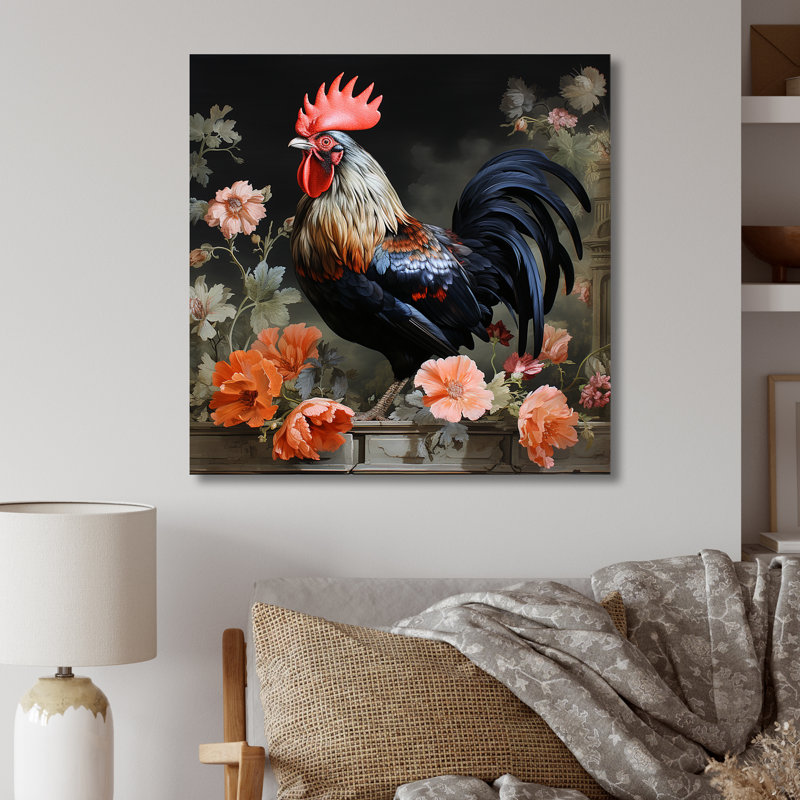 Coq rétro dans un jardin de fleurs, H 16 po x l 16 po