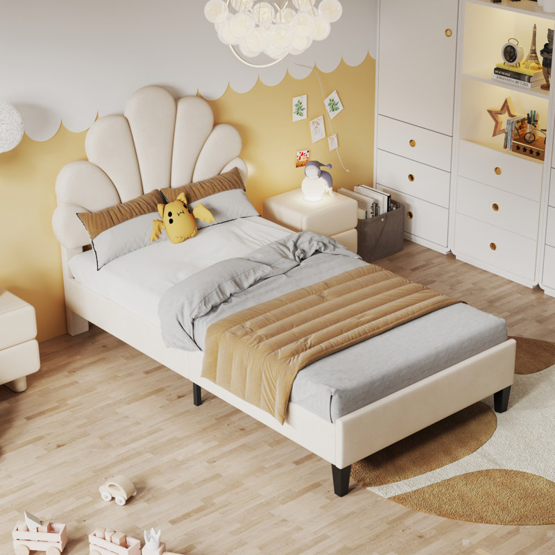Akershus Upholstered Bed With Shell-Shaped Headboard, Beige