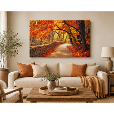 Autumn Forest Path with Stone Wall and Colorful Fall Leaves Wrapped Canvas Wall Art