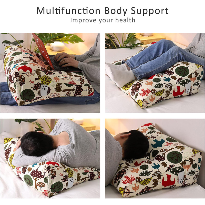 Contoured Wedge Pillow Back Support for lounging or Reading in Bed, Beige/Green/Dark Brown Forest