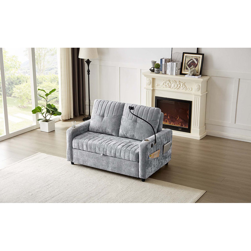 Canapé-lit de 53,9 po avec causeuse moderne avec dossier réglable, deux porte-gobelets, un porte-téléphone, trois ports de chargement et des poches de rangement latérales pour le salon