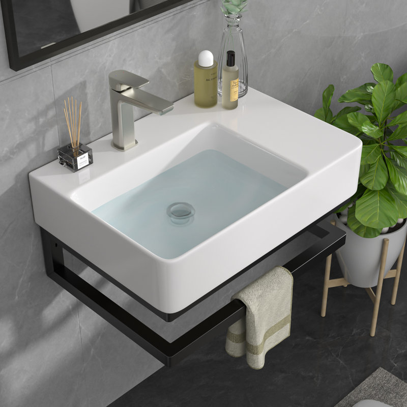 Mocoloo 23"L x 16"W Wall Mount Bathroom Sink Ceramic Rectangular Console Bathroom Sink with One Faucet Hole and Bracket Base