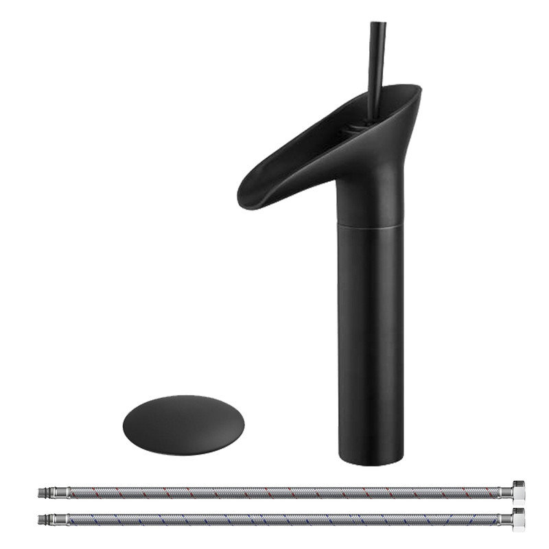 Robinet pour salle de bain à poignée simple avec drain - vasque, Noir mat