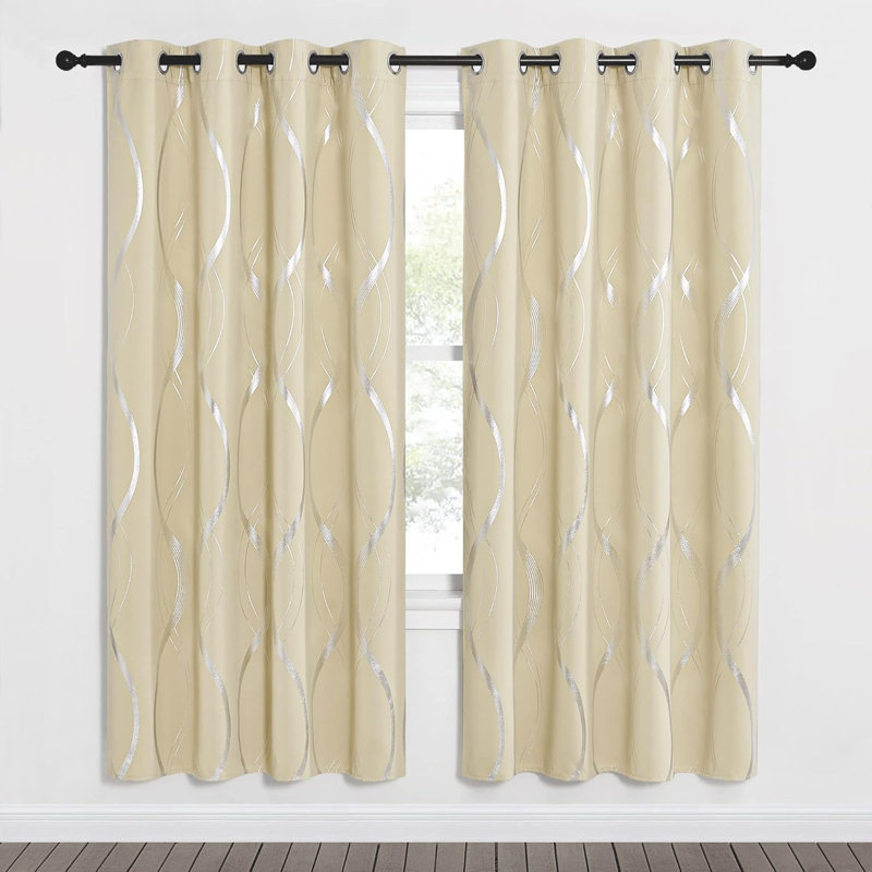 Blackout Striped Pattern Curtains, Treatment Thermal Insulated Solid Grommet Blackout Wave Line Foil Print Design Curtains for Living Room (Set of 2, 52 by 72 Inch, Biscotti Beige)
