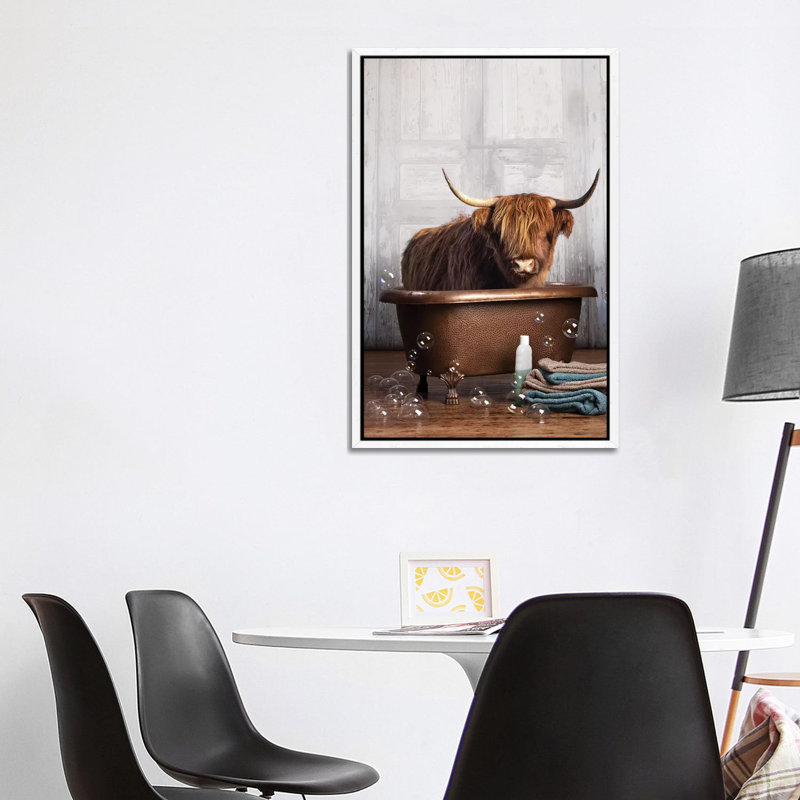 Highland Cow In The Tub by Domonique Brown - Print on Canvas, 101.6 cm H x 66.04 cm W, White Framed Canvas