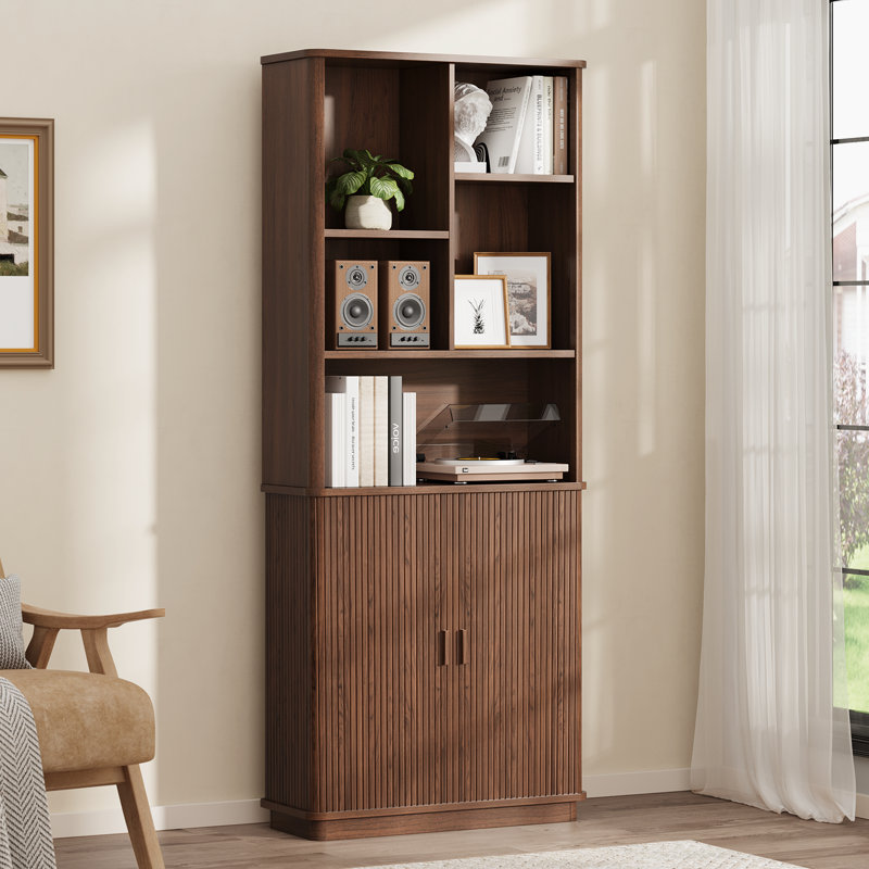 Bibliothèque de 71 po de hauteur avec armoire de rangement cachée, bibliothèque de bureau à domicile Mid-Century avec tablettes réglables