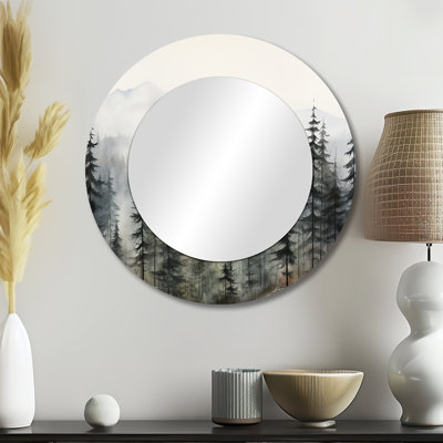 Pin, Misty Mountain II - grand miroir en pin, décor de miroir mural rond traditionnel
