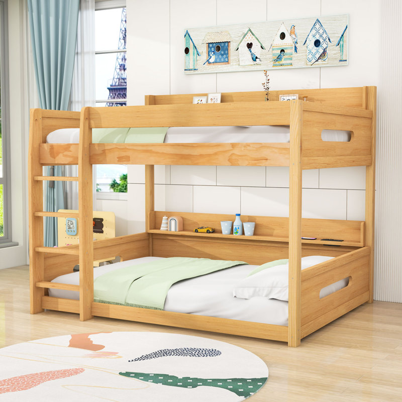 Lit superposé grand en bois avec grand espace de rangement et ports USB, Bois