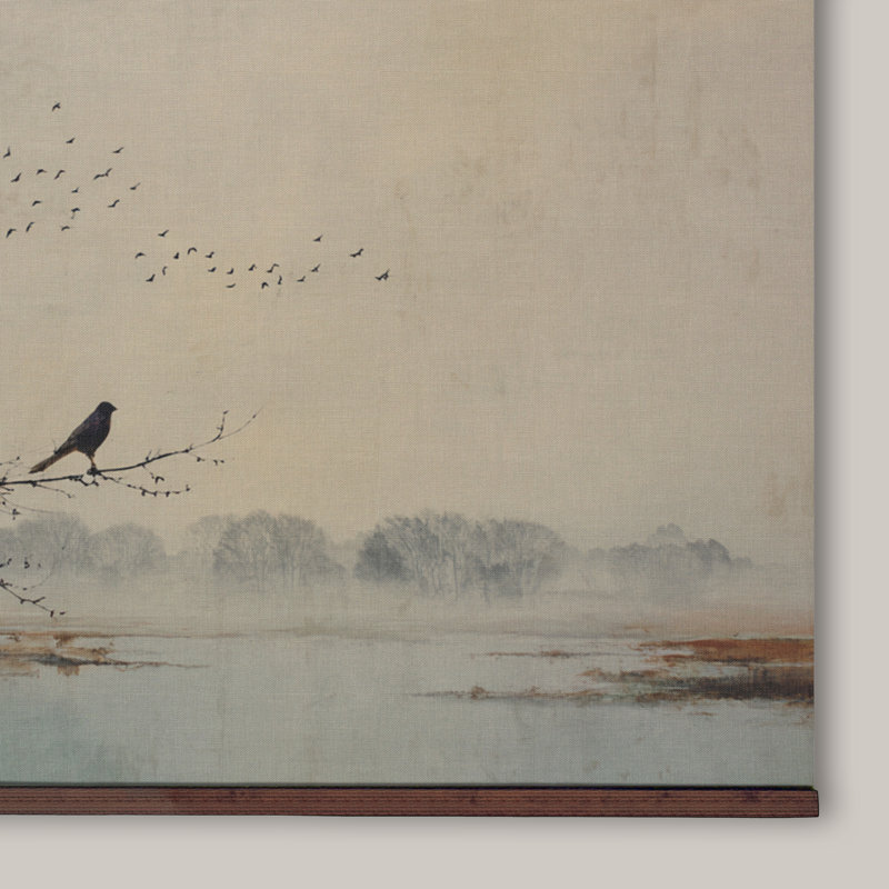 «Minimal Bird Landscape Tapisserie», reproduction d'art sur toile panoramique encadrée, H 32 po x l 48 po