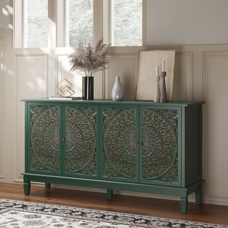 58.3" Carved Sideboard with Door and Solid Wood Legs, Green