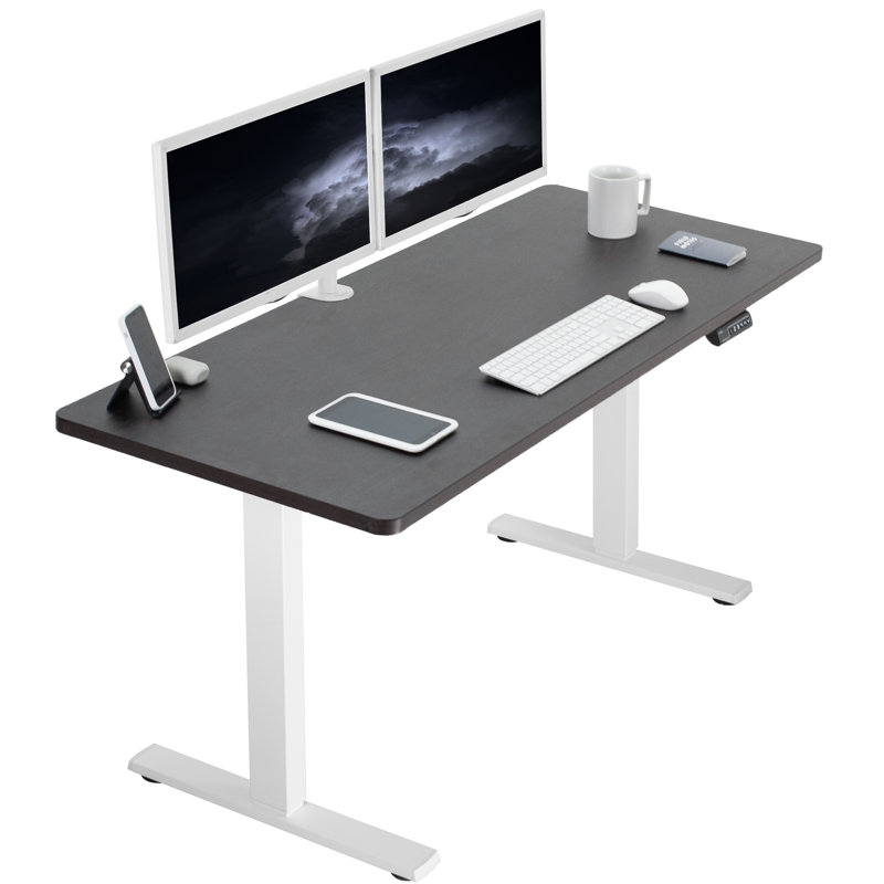 White and Black Adjustable Height Electric Standing Desk with Wood Top