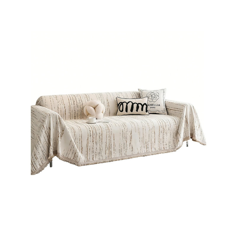 Cotton Box Cushion Sofa Slipcover, Chenille - Beige Striped