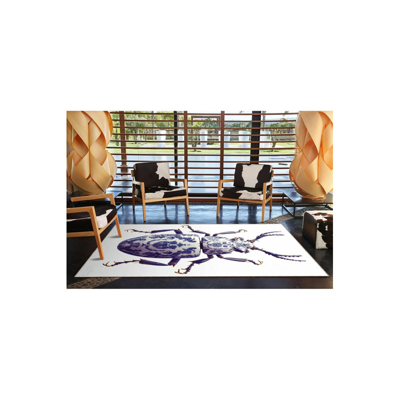Machine Washable Insect Patterned Blue Area Rug, Square 3'3" Rug Pad Included