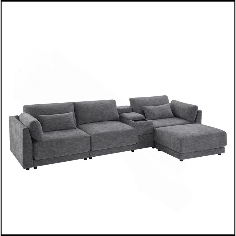 Canapé modulaire de 124 po avec console de rangement et repose-pieds mobile, siège de 33 po de large, canapé en chenille en L de 4 sièges, canapé confortable réversible avec chargeur USB pour le salon, l’appartement,