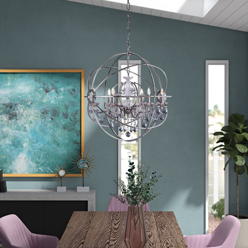 Lustre en forme de globe à 6 lumières de style bougie avec détails en cristal Svante, Abat-jour argenté (gris), Nickel poli